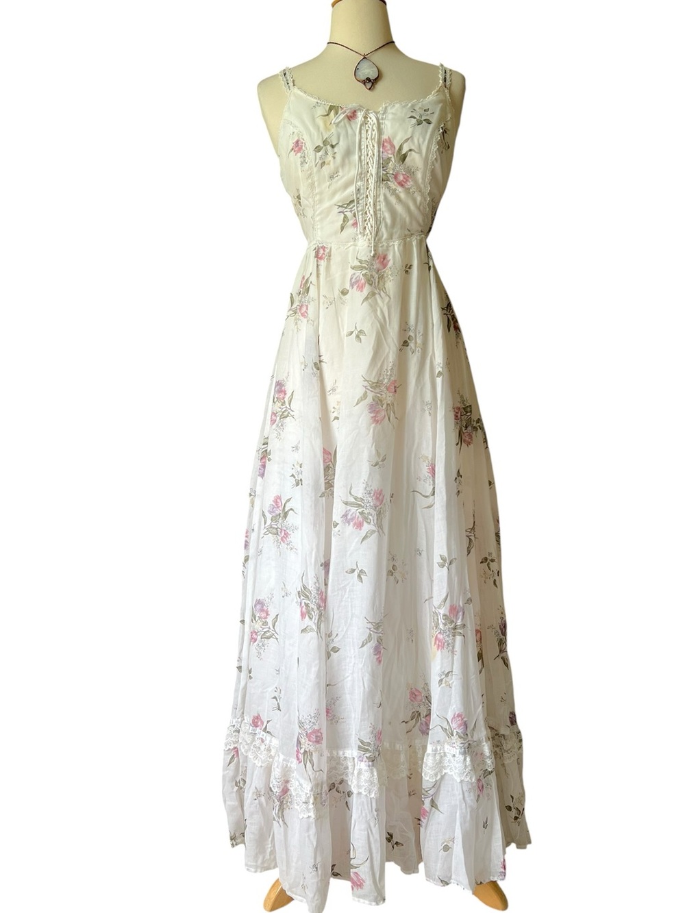 Gunne Sax Vintage Ivory Floral Lace-Trim Maxi Dress with Pink Accents